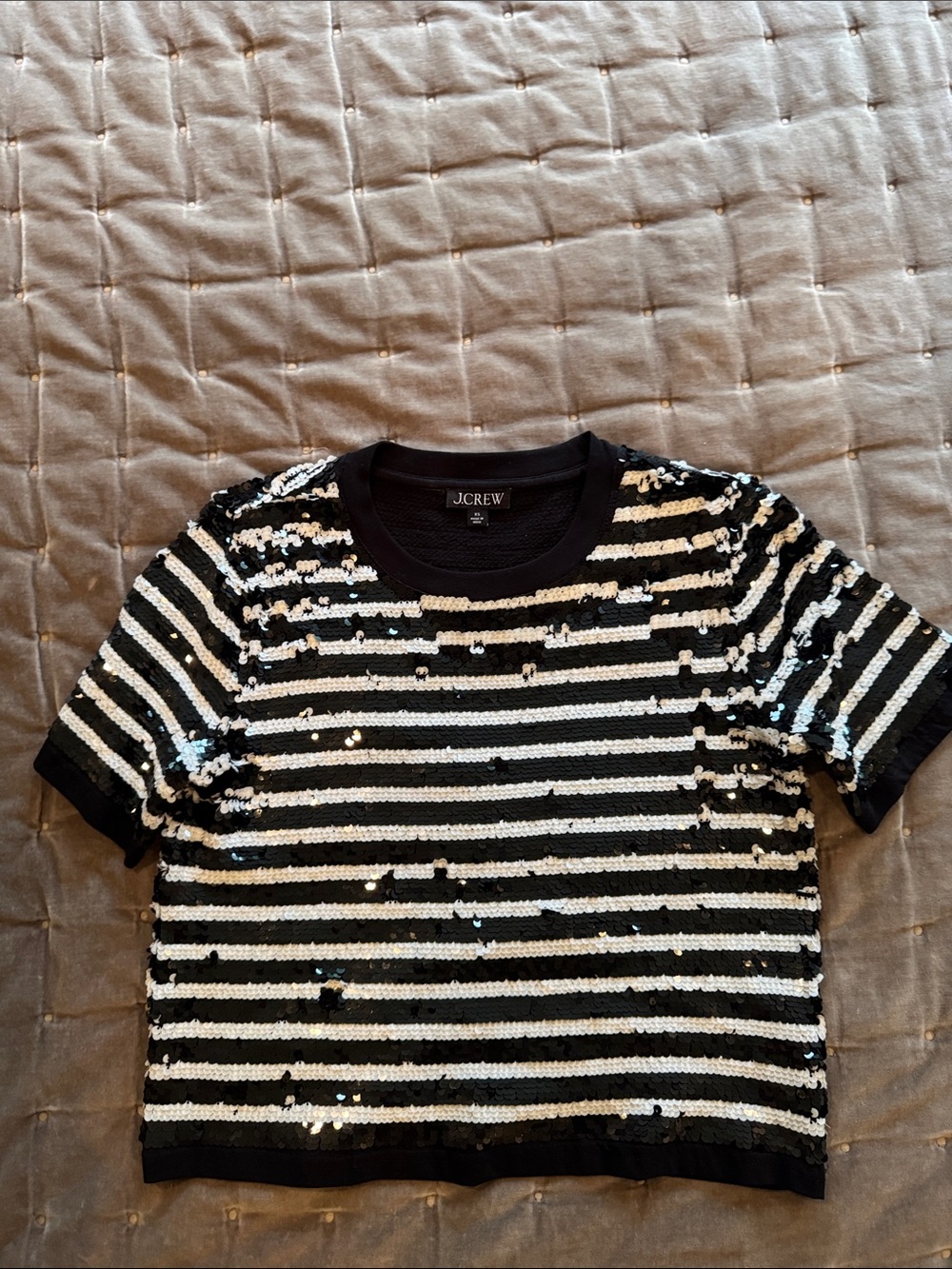 J. Crew Black and White Sequin Stripe Short Sleeve Top